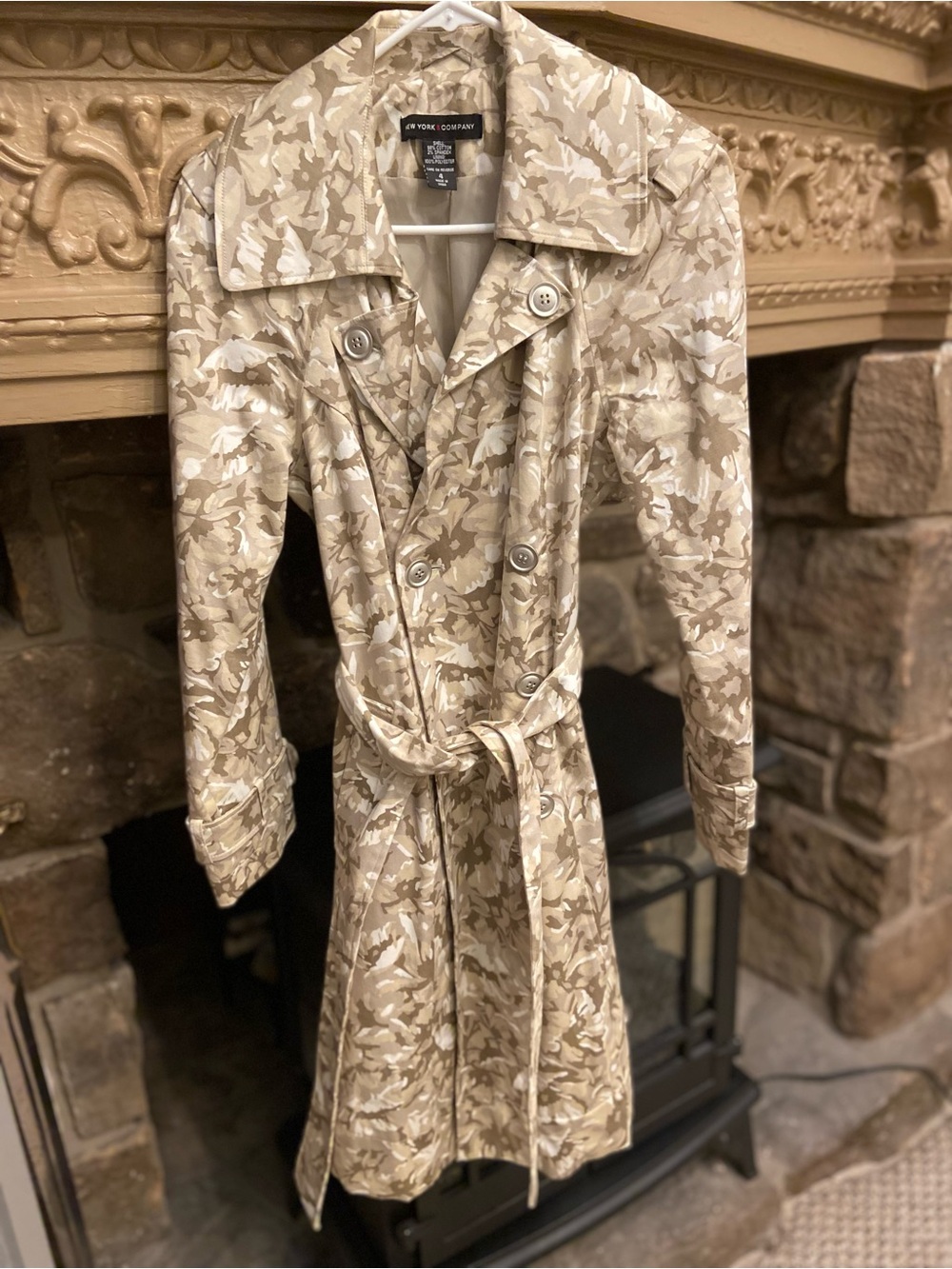 New York & Company Beige Floral-Print Trench Coat